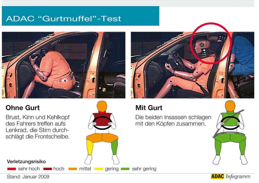 ADAC: Ohne Gurt wird es auch bei geringer Geschwindigkeit gefährlich