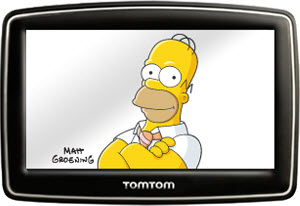 Homer Simpson als Beifahrer - im Navigationsgerät Coolness gepaart mit Sparsamkeit.