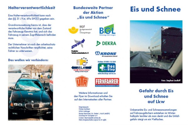 Broschüre: Lkw-Fahrer müssen Eis von Fahrzeugdach entfernen 