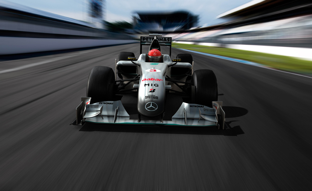 Schumi mit dem neuen Silberpfeil auf dem Hockenheimring - noch eine Fotomontage. 