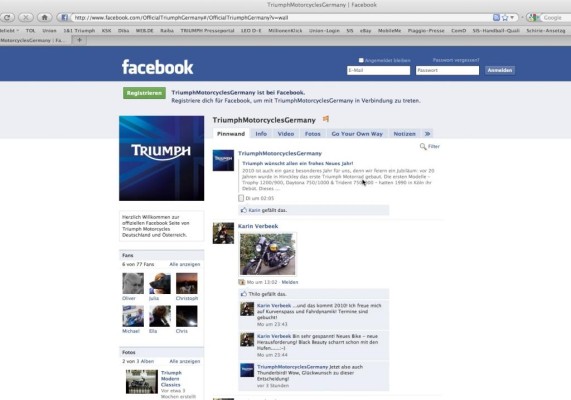 Triumph richtet Facebook-Seite ein