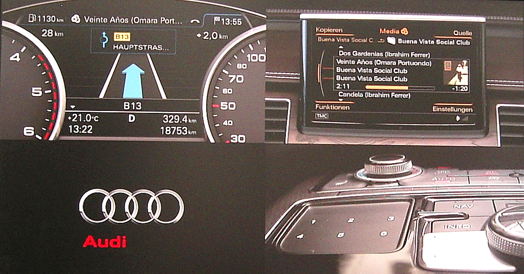 Audis neuer A8: Cockpit-Details auf Großmonitor. 