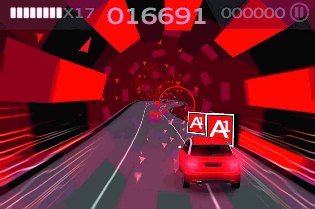 Da ist Musik drin: die Audi A1 iPhone App. Der Spieler lenkt den A1 durch eine Welt, die im Rhythmus der Musik pulsiert. Neun verschiedene Rocklieder stehen zur Auswahl. 
