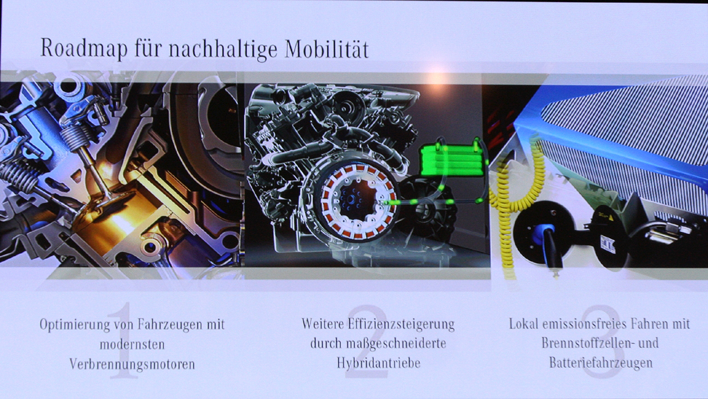 Mercedes Motoren: Weiter verbesserte Verbrennungsaggregate, maßgeschneiderte Hybridantriebe sowie lokal emissionsfreies Fahren mit Brennstoffzellen- und Batterieautos sind die drei Säulen der Mercedes-Roadmap für nachhaltige Mobilität. 
