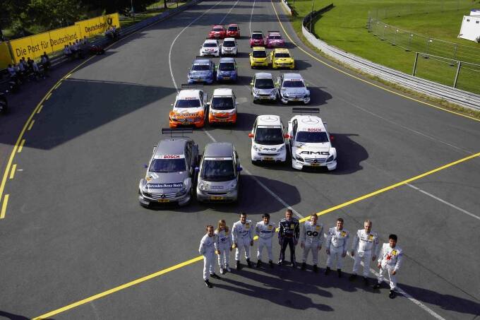 DTM-Piloten am Norisring: Jamie Green, Susie Stoddart, Gary Paffett, Bruno Spengler, David Coulthard, Maro Engel, Ralf Schumacher, Paul Di Resta, CongFu Cheng (v.l.). 