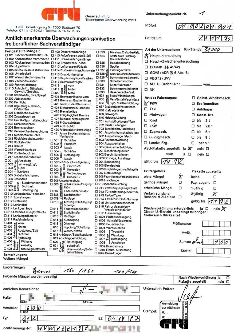 Der erste GTÜ-Untersuchungsbericht vom November 1990.