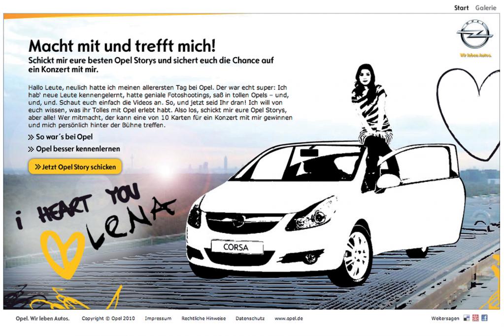 In jüngster Zeit setzen Hersteller wie Opel verstärkt auf bekannte Gesichter als Werbeträger. Auf der Firmenhompage berichtet Sängerin Lena ausfürhlich von ihrem ersten Tag im Unternehmen. 