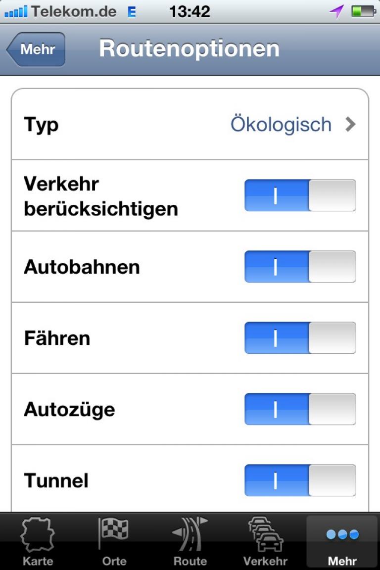 Bosch Navigation App - Routenoptionen.