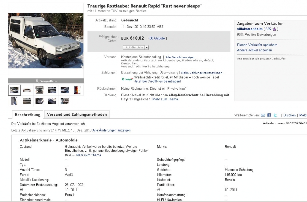 Lacher des Tages: Der Verkauf einer traurigen Rostlaube bei Ebay