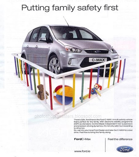 Verunglückte Werbekampagnen - Lacher des Tages dank Photoshop. Quelle: http://www.psdisasters.com/2008/04/ford-putting-composition-last.html