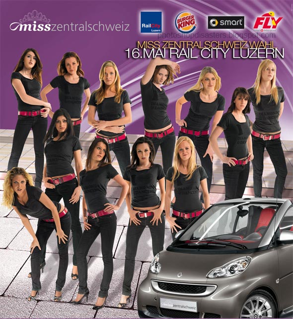 Verunglückte Werbekampagnen - Lacher des Tages dank Photoshop. Quelle: http://www.psdisasters.com/2009/05/miss-switzerland-half-itty-car.html