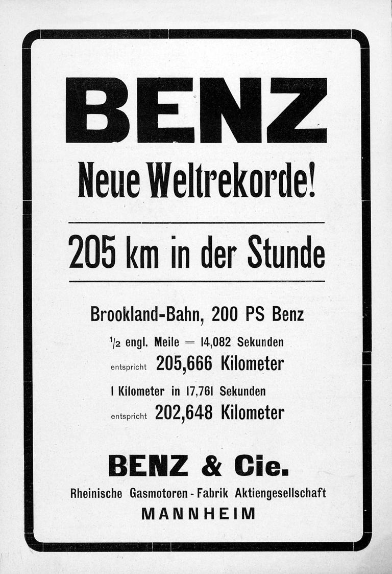 Victor Hémery fuhr am 8. November 1909 mit dem Benz 200 PS („Blitzen-Benz“) auf der Brooklandsbahn zwei Weltrekorde ein.