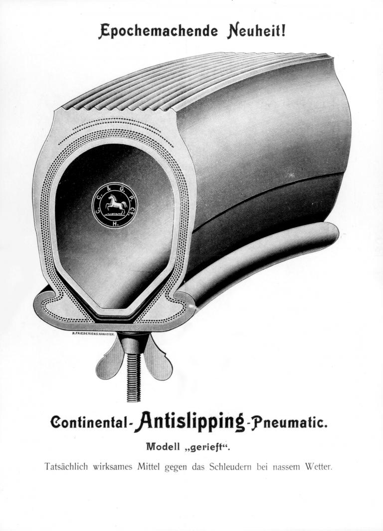 140 Jahre Continental. Der erste Reifen mit Profil von 1904.