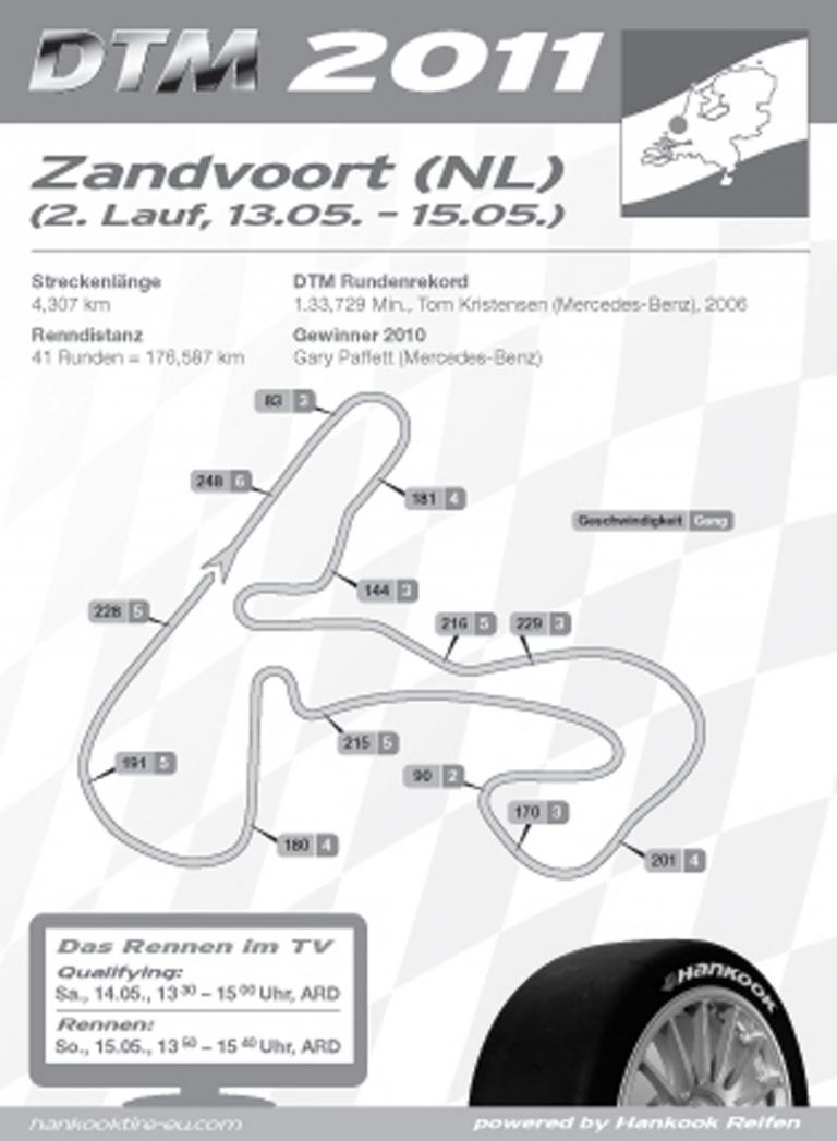 Am Streckenplan von Zandvoort, wo die DTM als nächstes startet, erkennt man die Herausforderungen für einen Rennreifen: Streckenweise muss er Geschwindigkeiten von 250 km/h aushalten. 