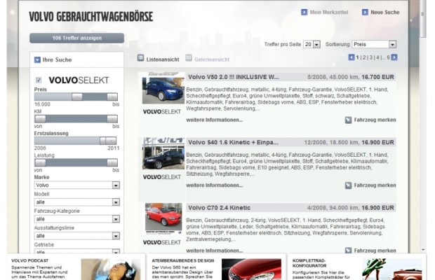Volvo mit Gebrauchtwagenbörse im Internet
