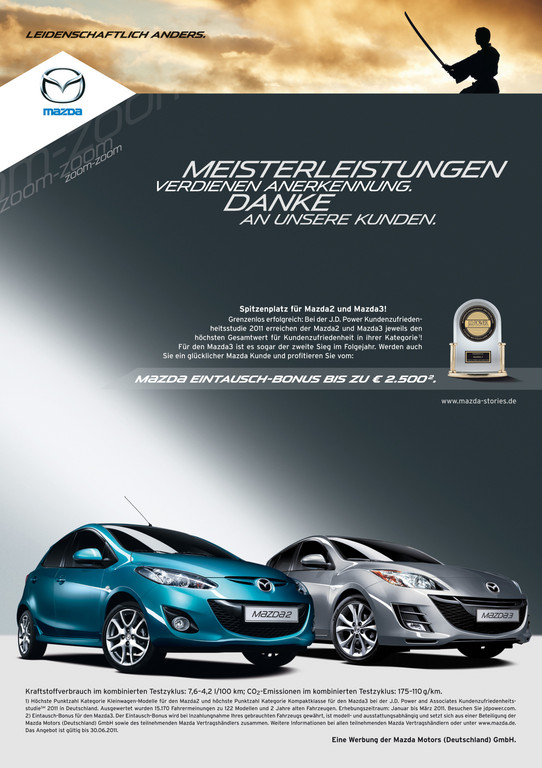 Der Mazda3 wurde Gesamtsieger der aktuellen Kundenzufriedenheitsstudie von J. D. Power, der Mazda2 belegte den 1. Platz n der Kleinwagenkategorie.