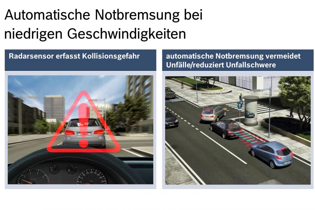 Vor dem automatischen Eingriff wird der Fahrer vor der Gefahr gewarnt. Hierfür müssen Hindernisse erkannt werden. 