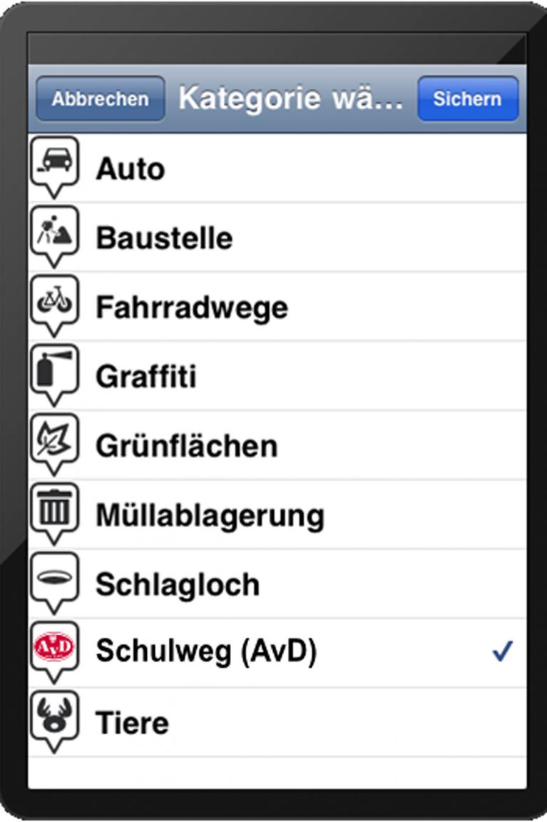 Zum Melden einer Gefahrenstelle auf dem Schulweg genügt ein Klick in die entsprechende Kategorie des Smartphones. 