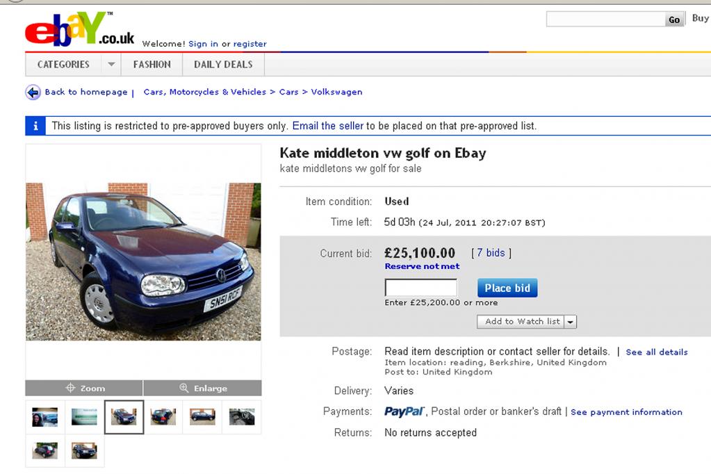 Der Ex-Golf der britischen Herzogin Kate kommt jetzt bei E-Bay unter den Hammer. 