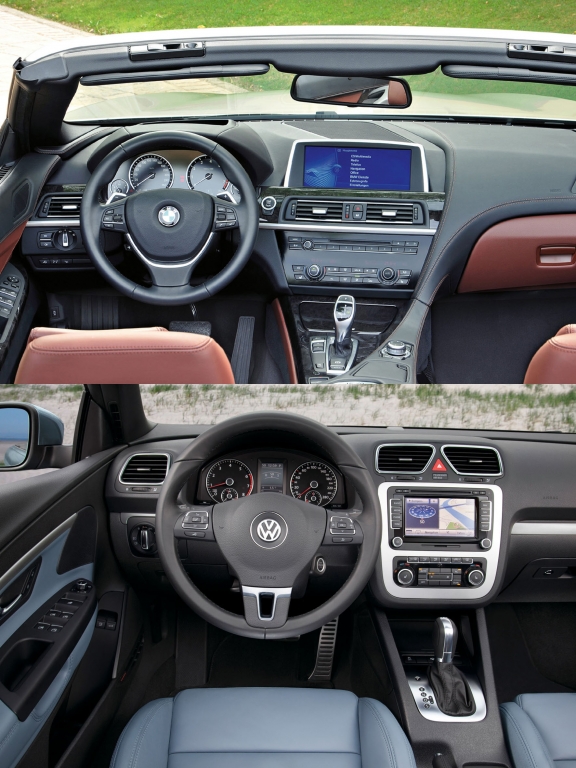Innendrin: edle Hölzer und viel High-Tech beim BMW. Der VW Eos setzt auf bewährte Werte und erprobtes Doppelkupplungsgetriebe. 