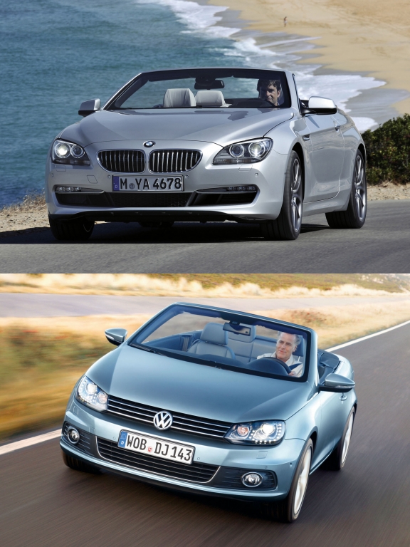 Ungleiches Duell: Das 6er Cabrio ist dem VW Eos antriebs- und ausstattungsmäßig deutlich überlegen. Viel Frischluft-Fahrspaß bieten beide. 