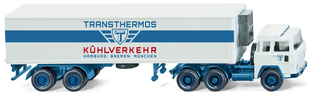 Wiking-Modell Magirus 235 D als Kühlkoffersattelzug „Transthermos“.