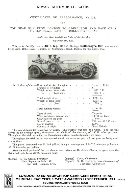 London to Edinburgh Top Gear Centenary Trial: Das Original-Zertifikat vom 14. September 1911.