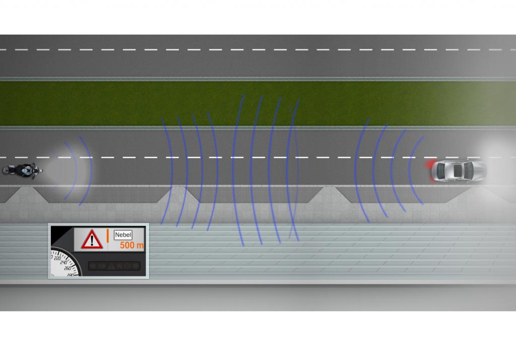 Hat ein Auto Nebelscheinwerfer an, wird das Motorrad frühzeitig gewarnt