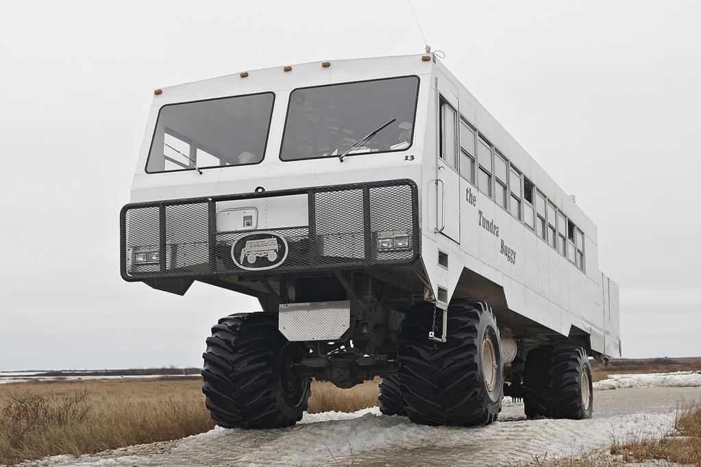 Die Kabine des Tundra Buggy ist ähnlich aufgebaut wie die eines modernen Wohnmobils, sie besteht aus einem Aluminiumgerippe. Große Reifen und niedriger Luftdruck sicher das Fortkommen auf unbefestigtem Boden. 