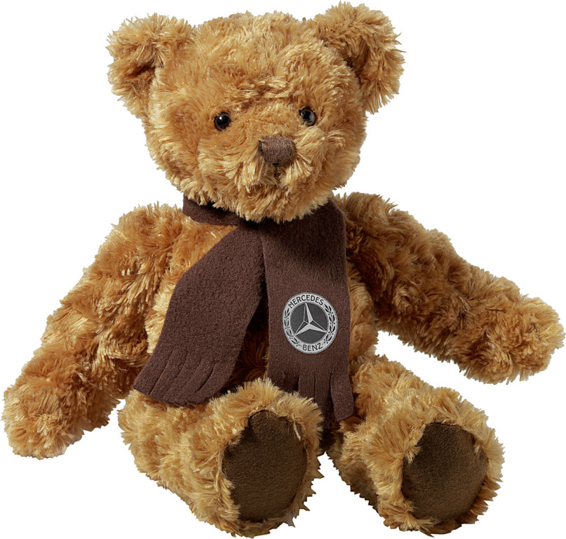 Mercedes-Benz Christmas Stars: Teddybär aus braunem Wirkplüsch mit Schal aus Polyester-Fleece, Größe 35 cm.