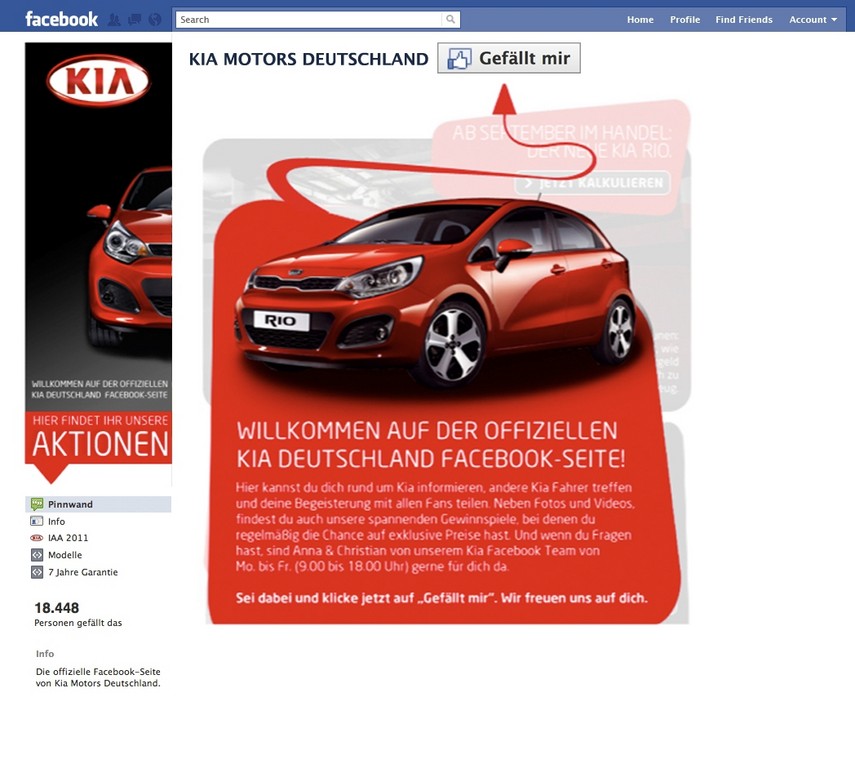 Neuer Facebook-Auftritt von Kia.