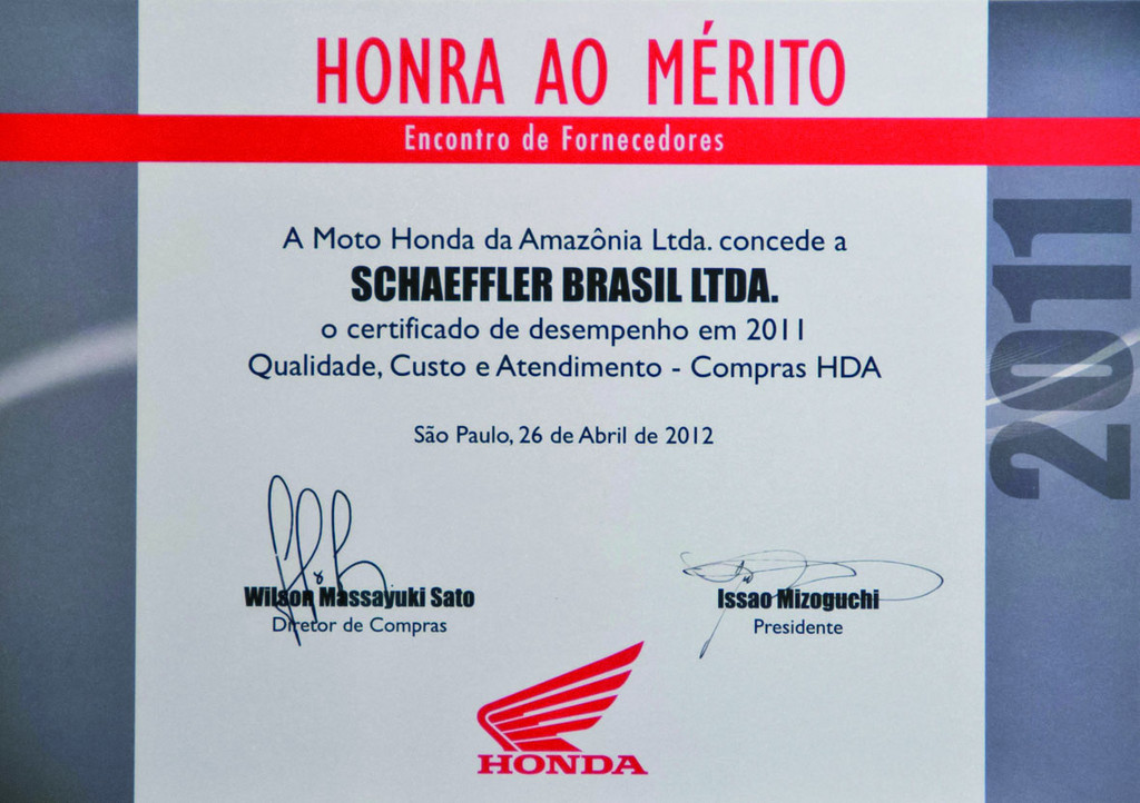 Schaeffler in Brasilien von Honda ausgezeichnet