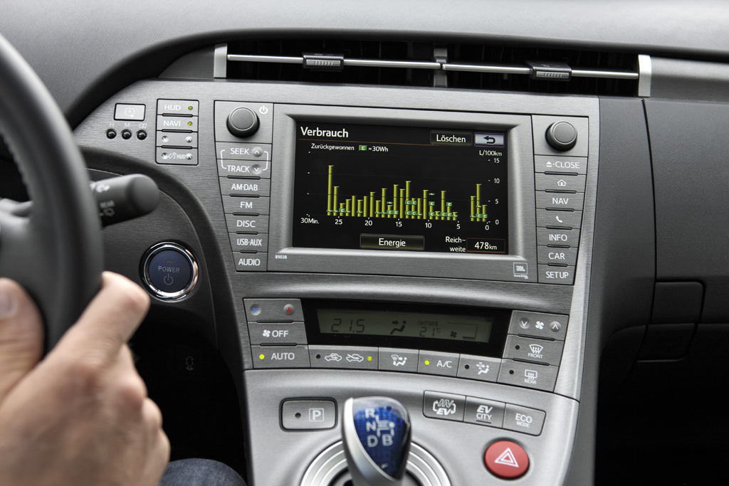 Toyota Prius Plug-In-Hybrid: Auf dem Zentraldisplay lassen sich die Energieflüsse verfolgen. 