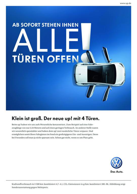 Volkswagen startet Werbeaktion für den viertürigen Up