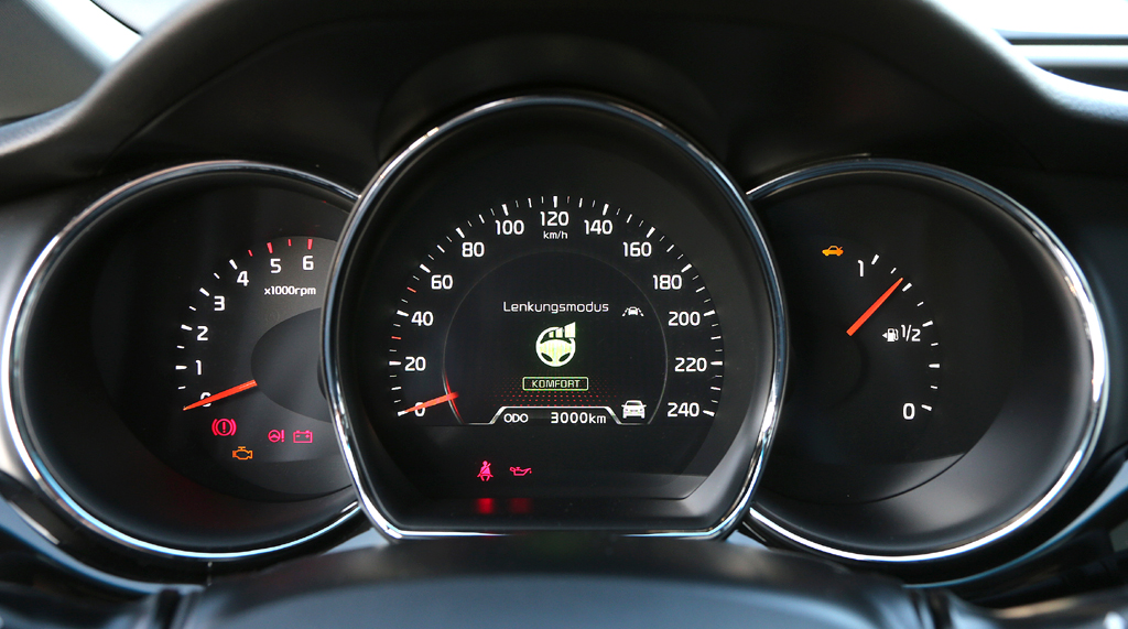 Kia Cee'd sw: Blick durch den Lenkradkranz auf die Rundinstrumentierung. 