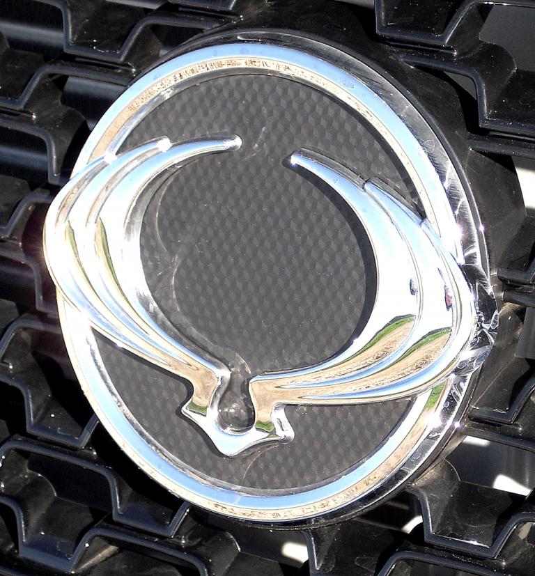 Blick auf das Logo der Marke vorn im Kühlergrill des Pickups. 
