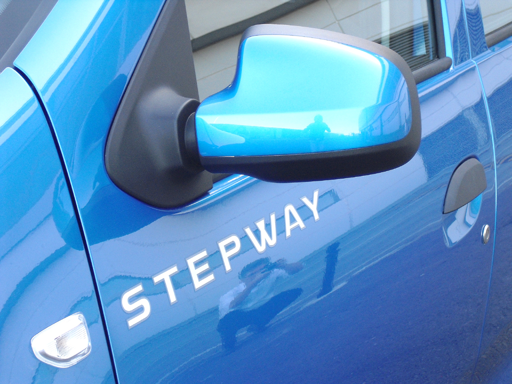 Dacia Sandero Stepway: Blick auf den Außenspiegel auf der Fahrerseite mit Modellschriftzug. 