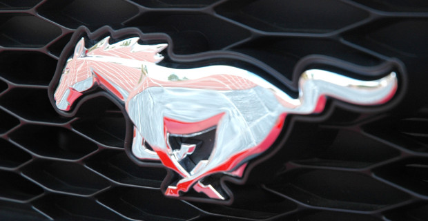Ford Mustang: Das Markenlogo, ein galoppierender Mustang, sitzt vorn im Kühlergrill. 