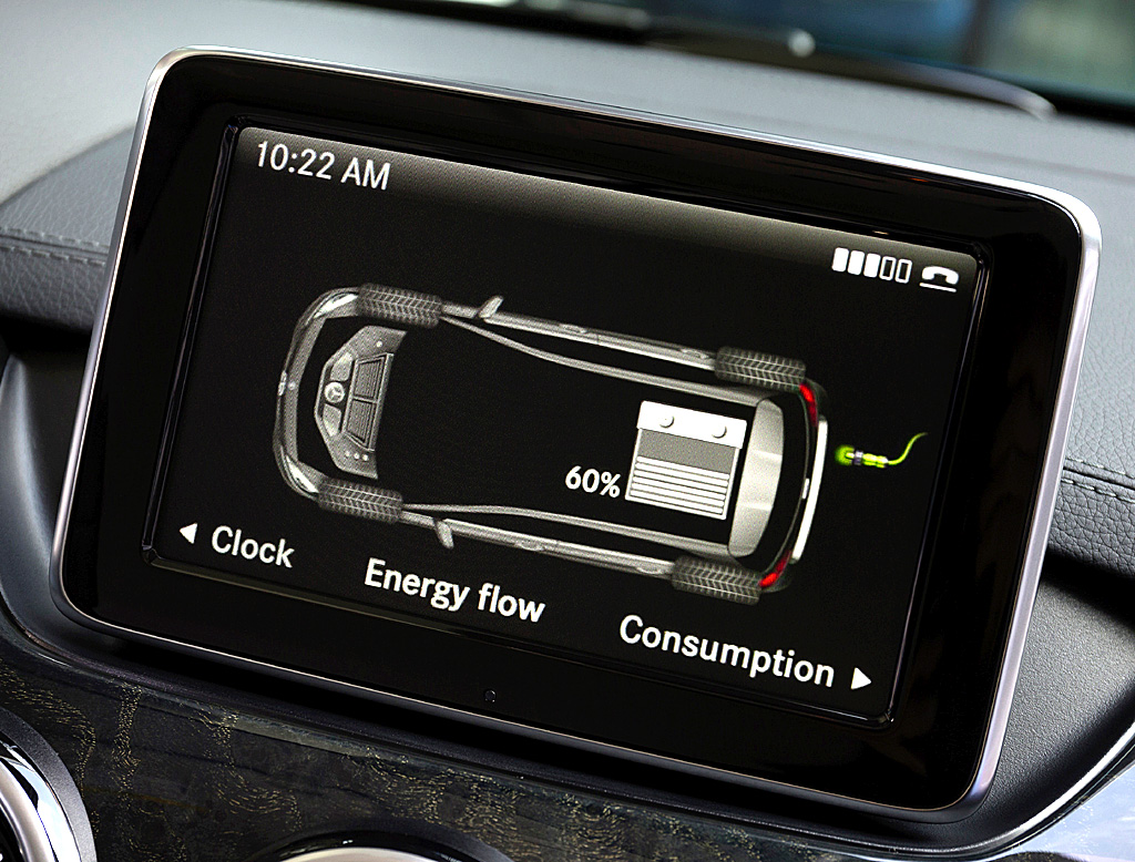 Mercedes B-Klasse Electric Drive: Blick auf den Telematik-Bildschirm. 