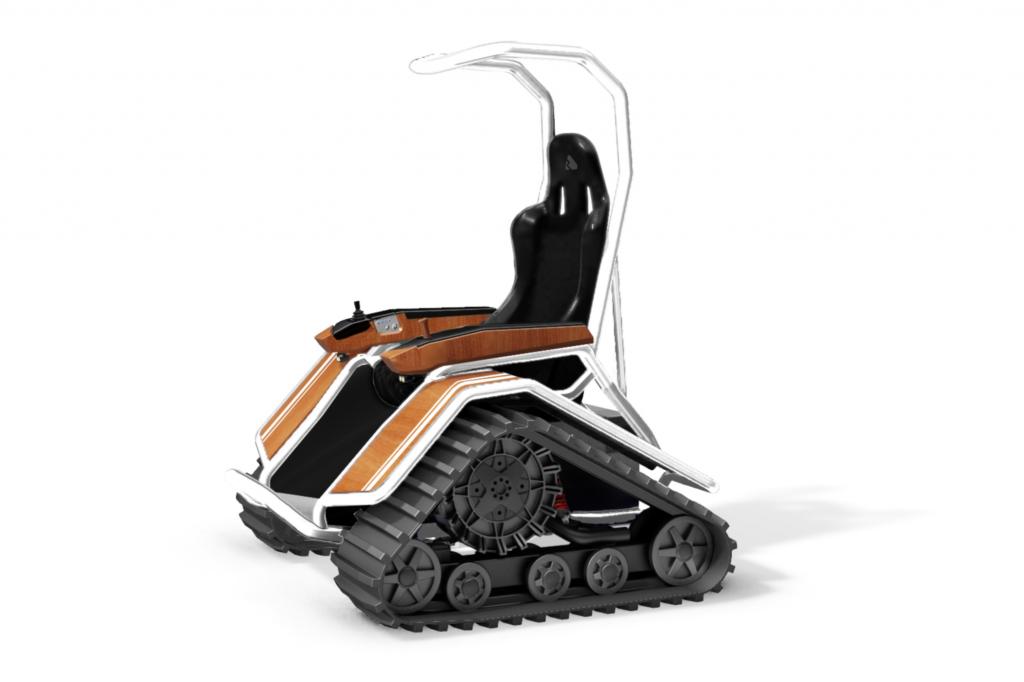 Angetrieben werden die Deltaraupen des skurrilen Fahrzeugs von zwei PMS Scheibenläufermotoren, die auf eine Dauerleistung von 4,8 kW/6,5 PS kommen