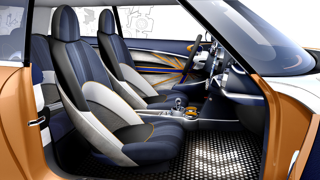 Blick in den Innenraum der Studie mit dynamischer geformten Lounge-Sitzen. 
