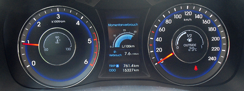 Hyundai i40: Blick durch den Lenkradkranz auf die Rundinstrumentierung. 