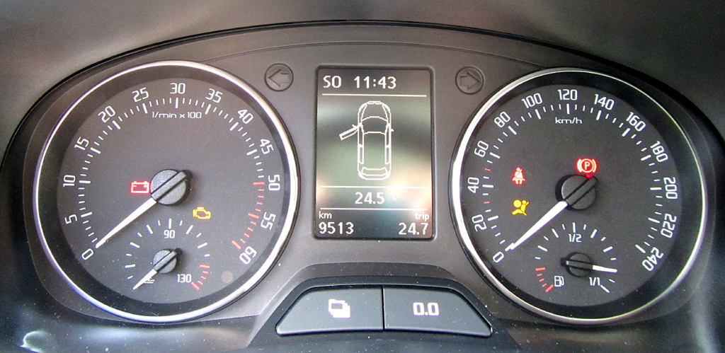 Skoda Roomster: Blick durch den Lenkradkranz auf die Rundinstrumentierung. 