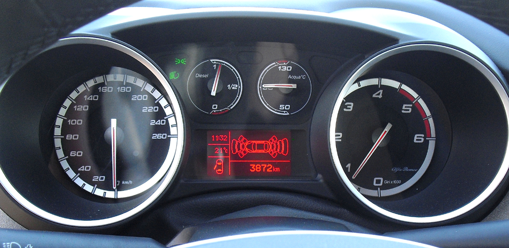 Alfa Romeo Giulietta: Blick durch den Lenkradkranz auf die Rundinstrumentierung. 