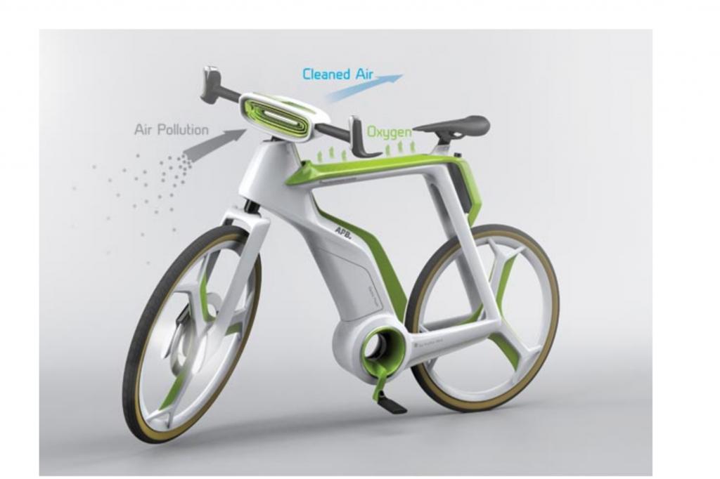 Beim Air Purifier Bike (APB) des thailändischen Unternehmens Lightfog Creative ist ein Luftfilter im Lenker eingebaut, der Schadstoffe einfängt und gereinigte Luft ausstößt, bevor sie in Richtung des Radfahrers strömt. 