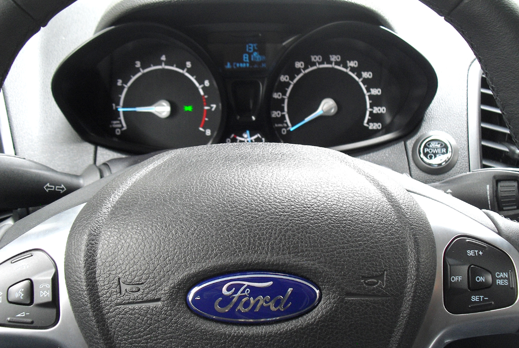 Ford EcoSport: Blick durch den Lenkradkranz auf die Rundinstrumentierung. 