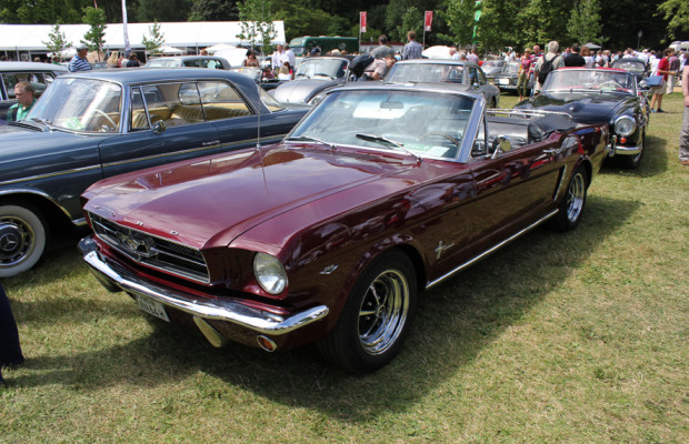 Ford Mustang posiert auf der Weide von Schloss Dyck
