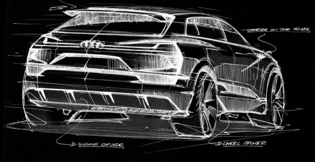 The cabin of the Audi e-tron quattro concept tapers strongly toward the rear end, approaching the idealized shape of an aerodynamically optimized droplet.
