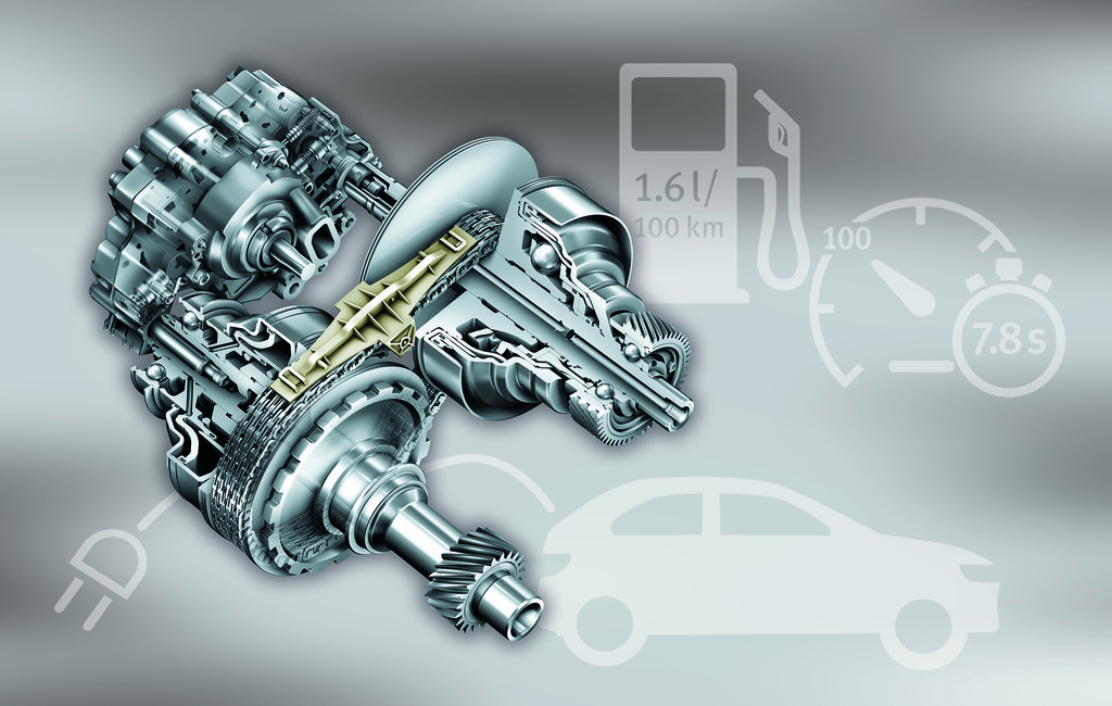 Der von der Schaeffler-Marke LuK entwickelte Variator mit Scheibensätzen, Kette, Gleitschiene sowie hydraulischer Steuerung, der seit 16 Jahren bei Audi eingesetzt wird, könnte die Basis für ein Plug-in-Hybrid-CVT-Getriebe sein