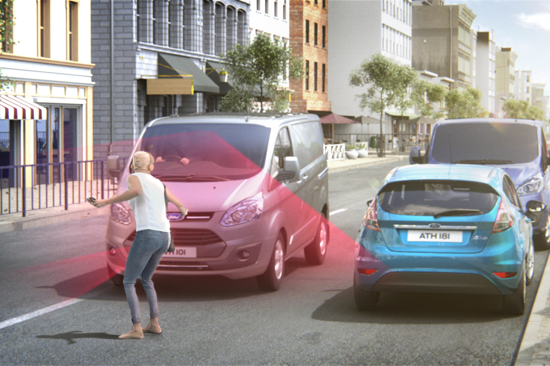 Fußgängererkennung auch für Nutzfahrzeuge: Ford bietet den Pre-Collision-Assist jetzt auch für den Transit und die Custom-Modelle an.